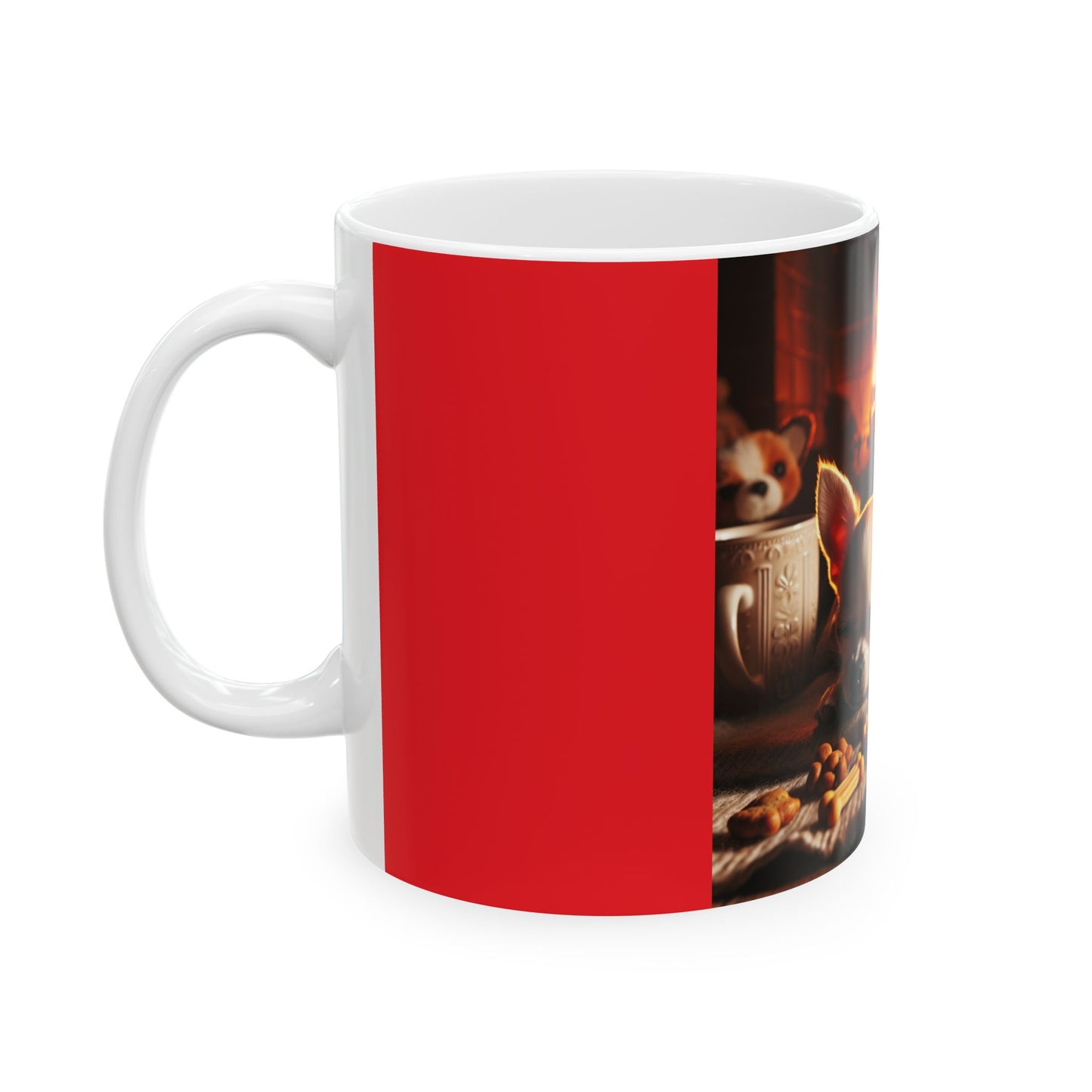 Ceramic Mug, (11oz, 15oz) dogs by fire with treats