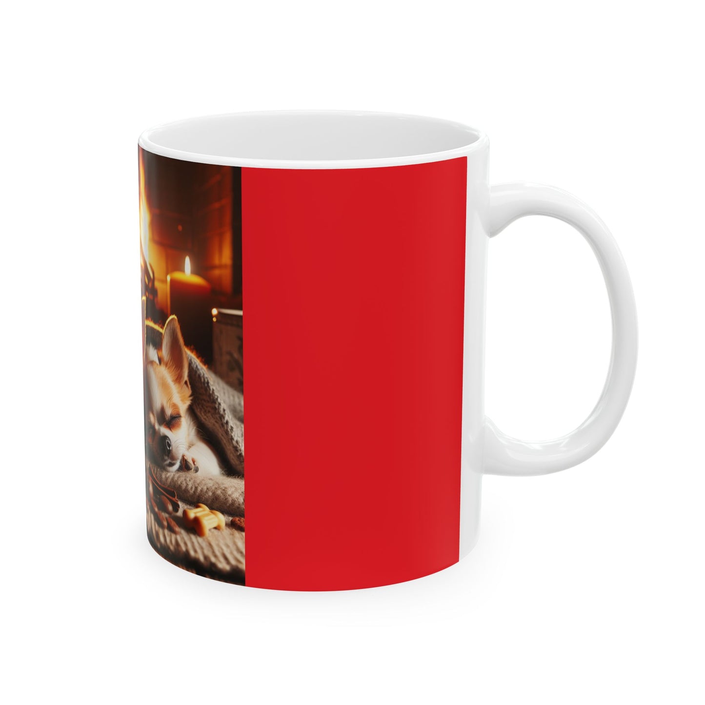 Ceramic Mug, (11oz, 15oz) dogs by fire with treats
