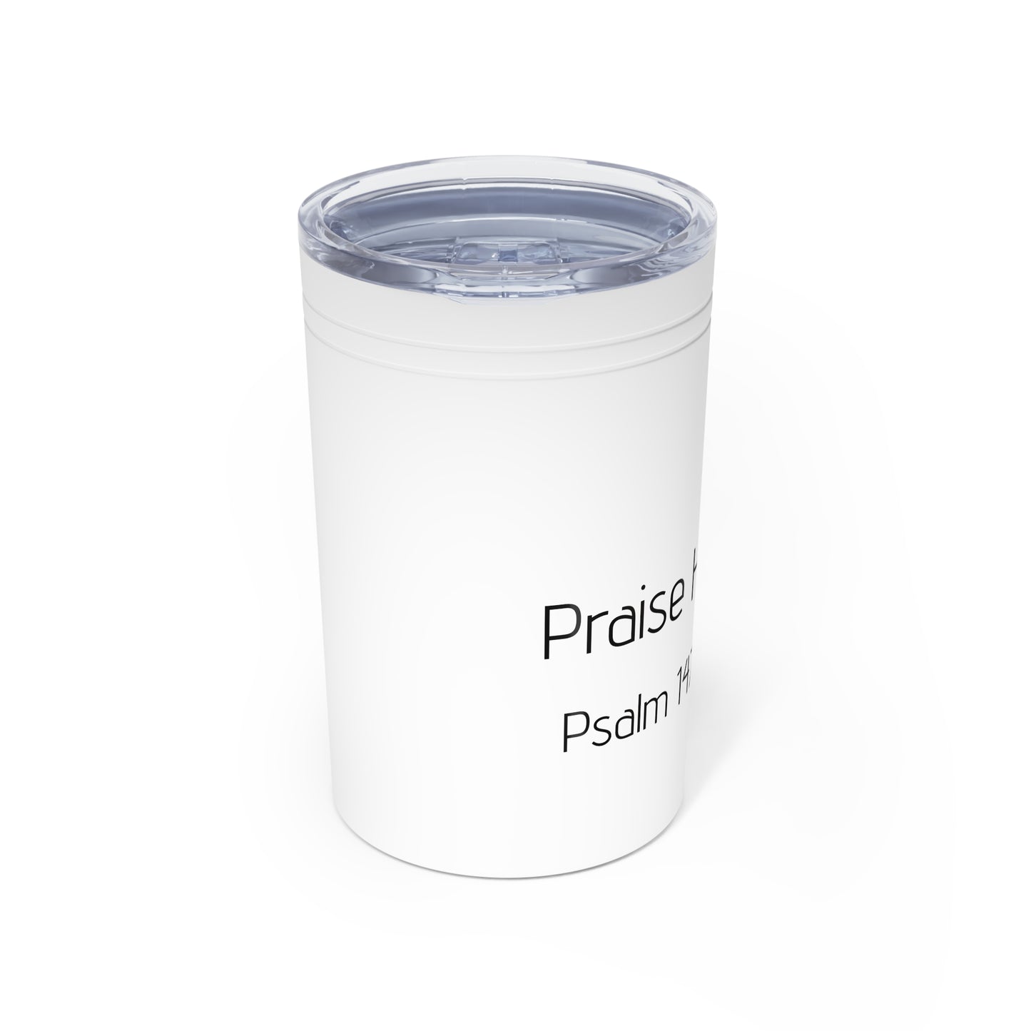 Vacuum Insulated Tumbler, 11oz Cute cartoon-like pups, red background "Praise Him Psalm 147"