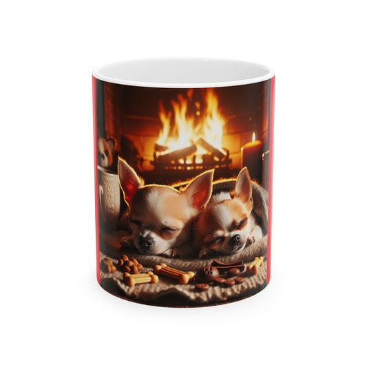 Ceramic Mug, (11oz, 15oz) dogs by fire with treats