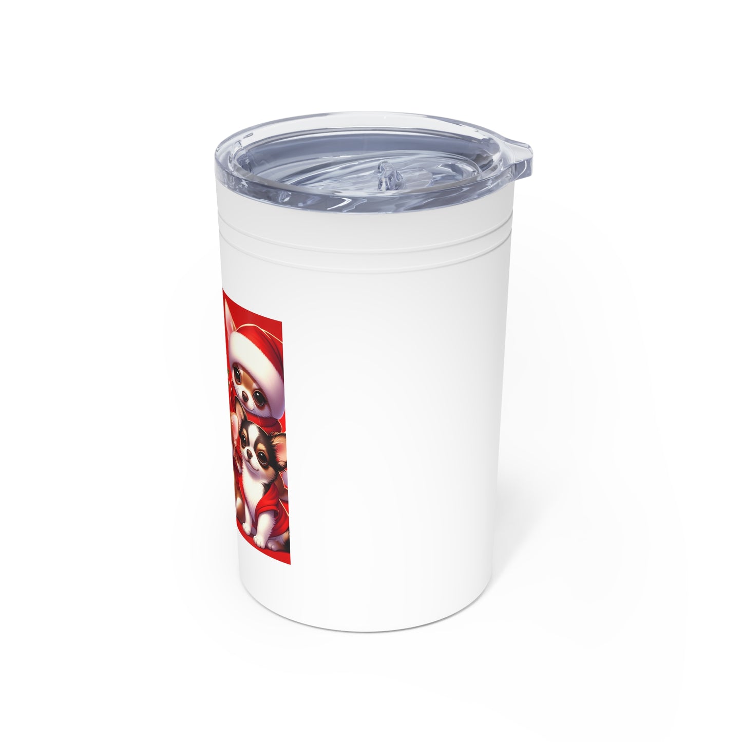 Vacuum Insulated Tumbler, 11oz Cute cartoon-like pups, red background "Praise Him Psalm 147"
