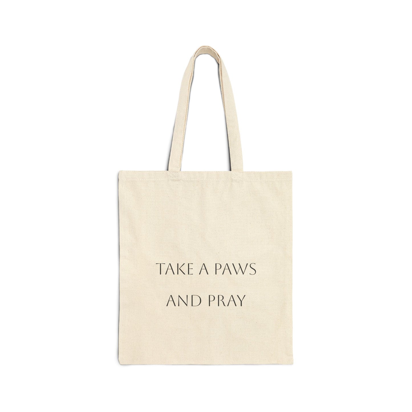 Cotton Canvas Tote Bag with cute chihuahuas by the fire. On the back " Take a paws and pray"