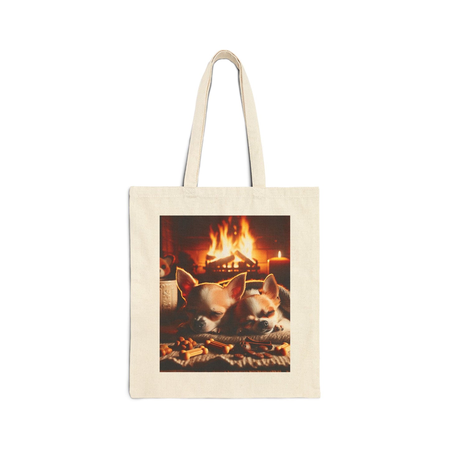 Cotton Canvas Tote Bag with cute chihuahuas by the fire. On the back " Take a paws and pray"