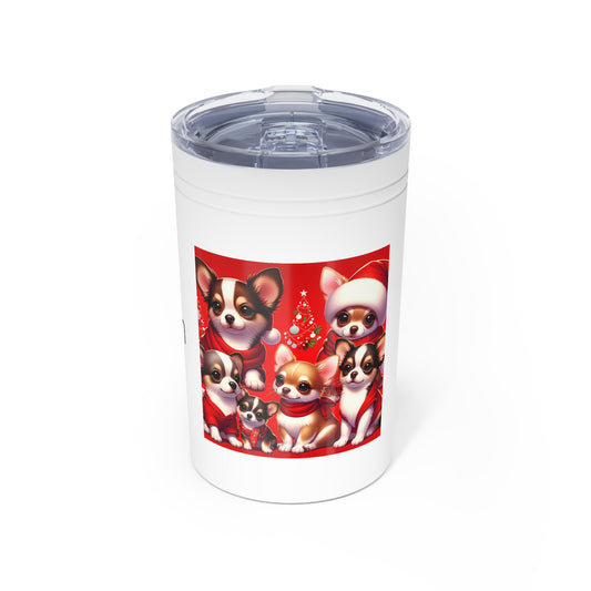 Vacuum Insulated Tumbler, 11oz Cute cartoon-like pups, red background "Praise Him Psalm 147"