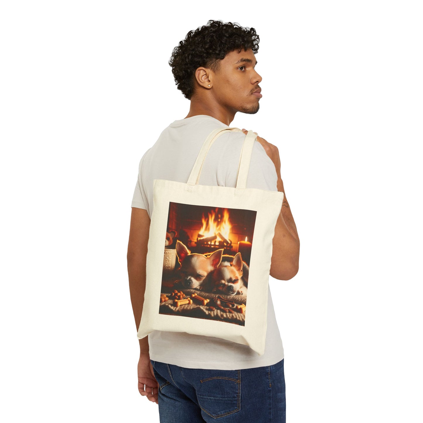 Cotton Canvas Tote Bag with cute chihuahuas by the fire. On the back " Take a paws and pray"