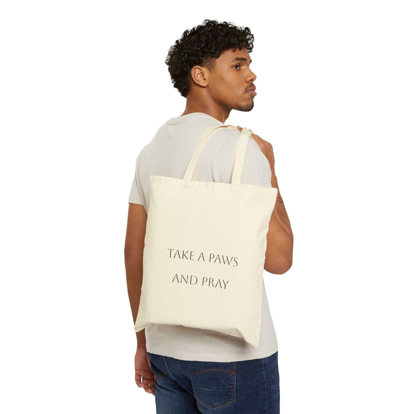 Cotton Canvas Tote Bag with cute chihuahuas by the fire. On the back " Take a paws and pray"